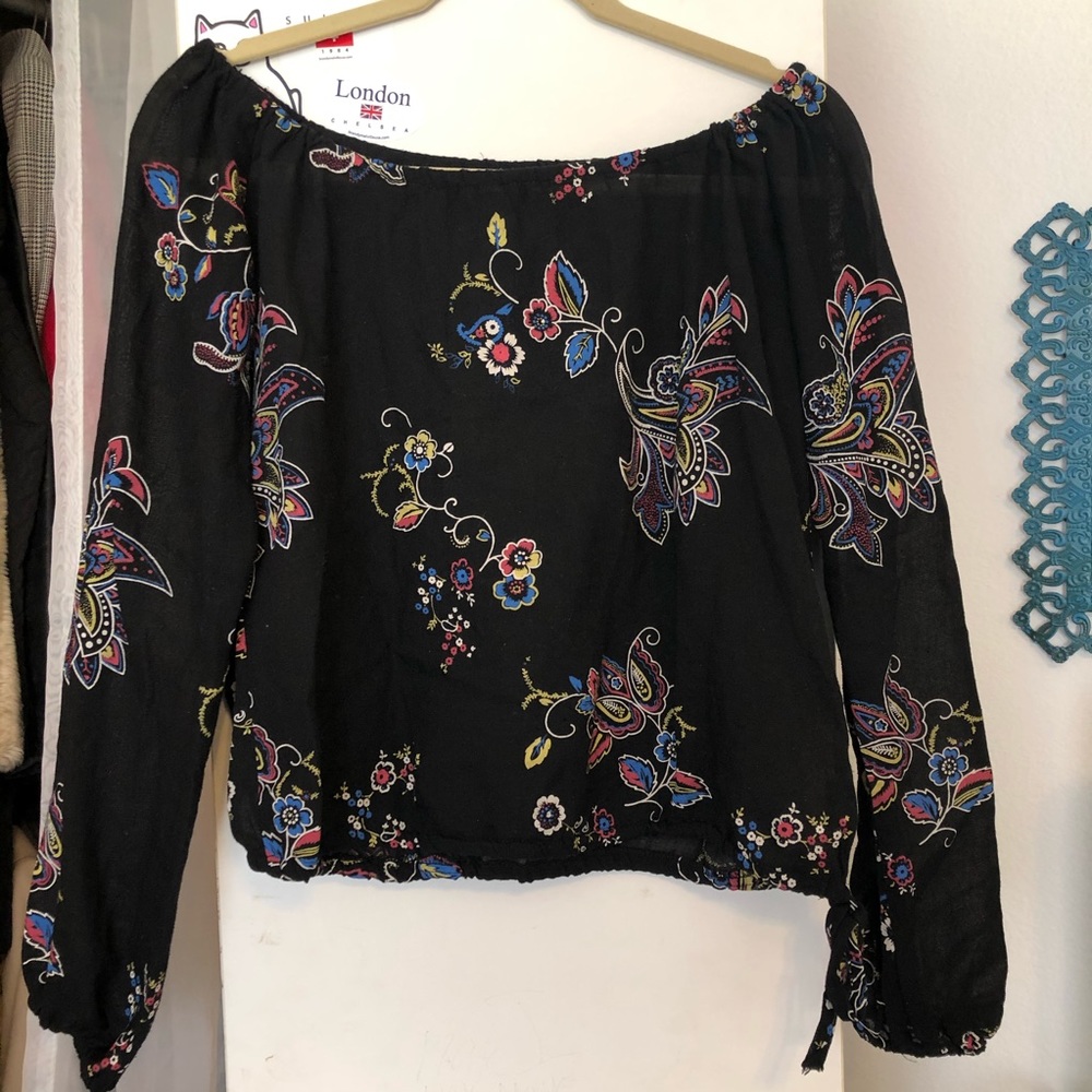 Black Off The Shoulder Floral Side Tie Long Sleeve